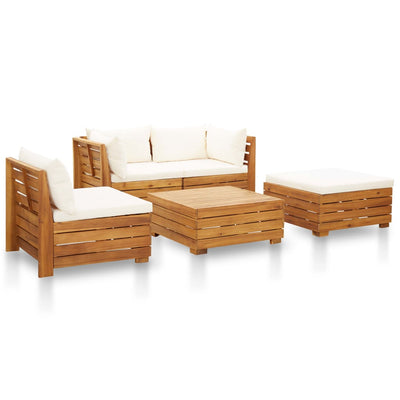 5 Piece Garden Lounge Set with Cushions Acacia Wood Cream White