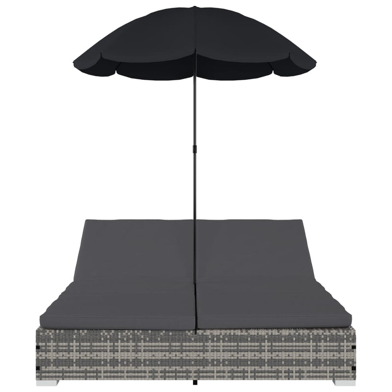 Outdoor Lounge Bed with Umbrella Poly Rattan Grey