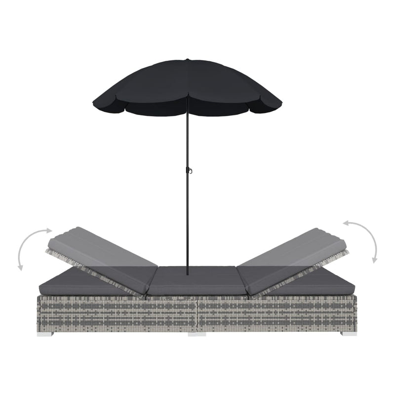 Outdoor Lounge Bed with Umbrella Poly Rattan Grey
