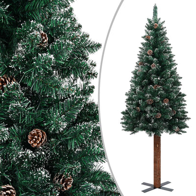 Slim Christmas Tree with Real Wood and White Snow Green 210 cm