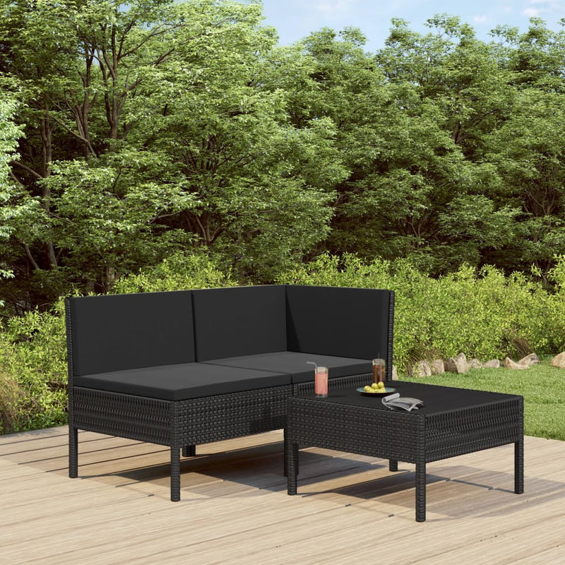 3 Piece Garden Lounge Set with Cushions Poly Rattan Black - Payday Deals