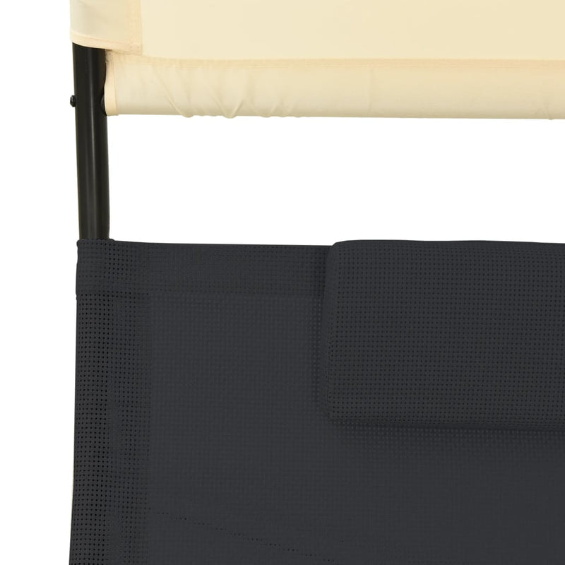 Double Sun Lounger with Canopy Textilene Black and Cream