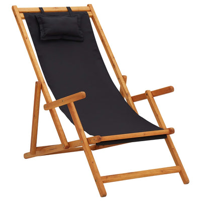 Folding Beach Chair Solid Eucalyptus Wood and Fabric Black