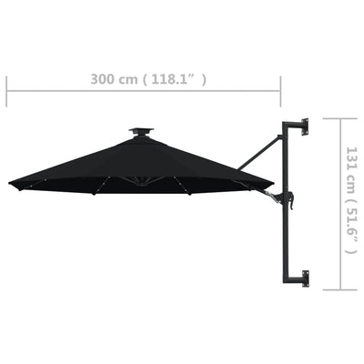 Wall-mounted Parasol with LEDs and Metal Pole 300 cm Black