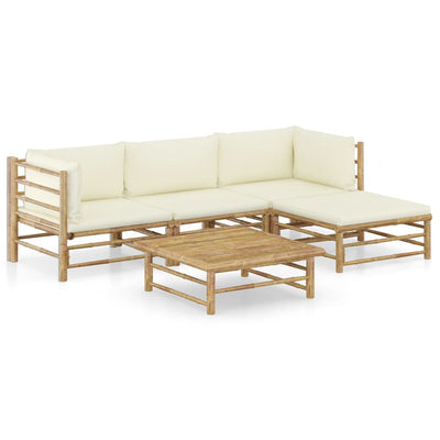 5 Piece Garden Lounge Set with Cream White Cushions Bamboo - Payday Deals