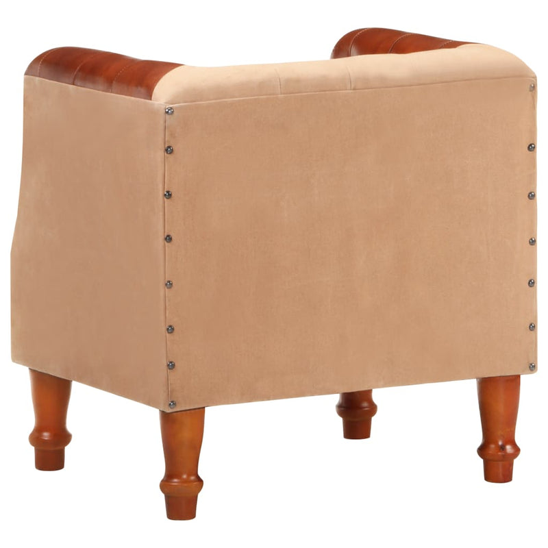 Tub Chair Brown Real Leather and Solid Mango Wood