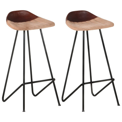 Bar Stools 2 pcs Brown Real Leather