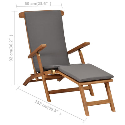 Deck Chair with Cushion Dark Grey Solid Teak Wood - Payday Deals