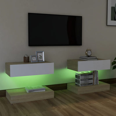 TV Cabinets with LED Lights 2 pcs White and Sonoma Oak 60x35 cm