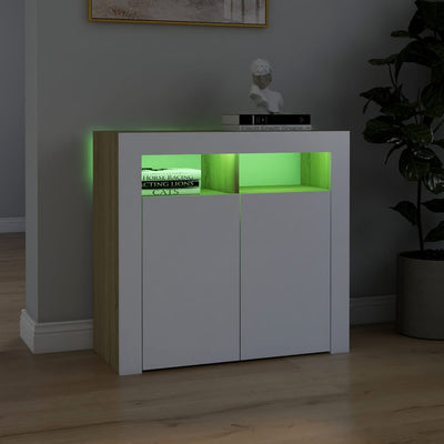 Sideboard with LED Lights White and Sonoma Oak 80x35x75 cm