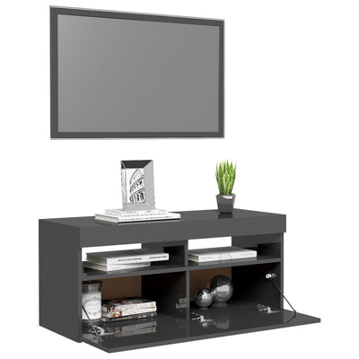 TV Cabinet with LED Lights High Gloss Grey 90x35x40 cm