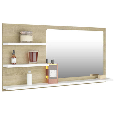 Bathroom Mirror White and Sonoma Oak 90x10.5x45 cm Chipboard - Payday Deals