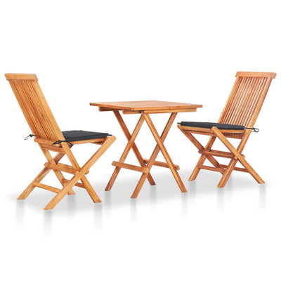 3 Piece Bistro Set with Anthracite Cushions Solid Teak Wood