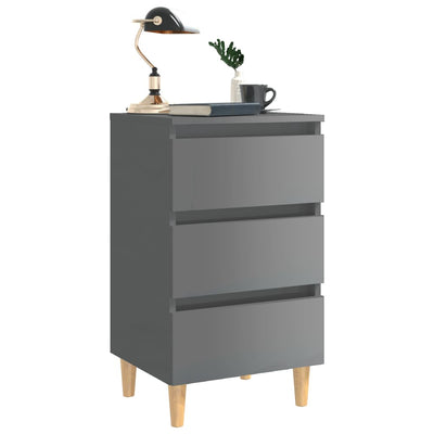 Bed Cabinet with Solid Wood Legs High Gloss Grey 40x35x69 cm