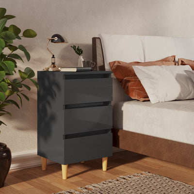 Bed Cabinet with Solid Wood Legs High Gloss Grey 40x35x69 cm