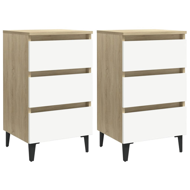 Bed Cabinet with Metal Legs 2 pcs White and Sonoma Oak 40x35x69 cm