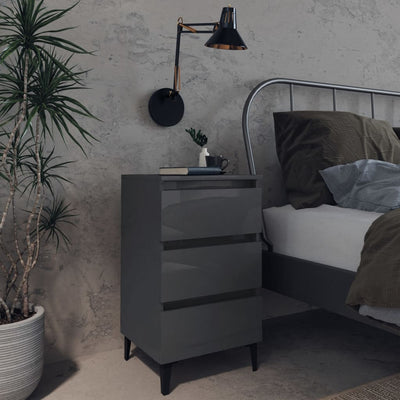 Bed Cabinet with Metal Legs High Gloss Grey 40x35x69 cm