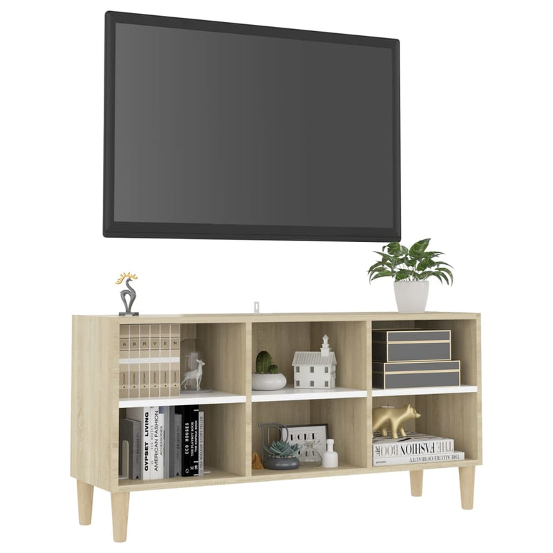 TV Cabinet with Solid Wood Legs White and Sonoma Oak 103.5x30x50 cm