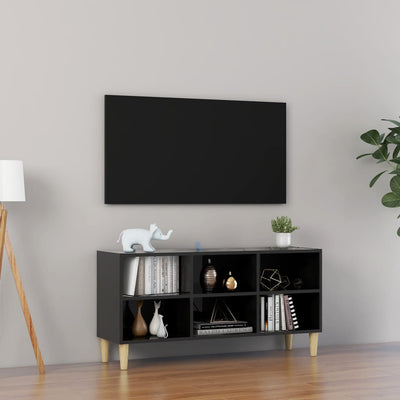 TV Cabinet with Solid Wood Legs High Gloss Black 103.5x30x50 cm