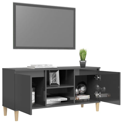 TV Cabinet & Solid Wood Legs High Gloss Grey 103.5x35x50 cm