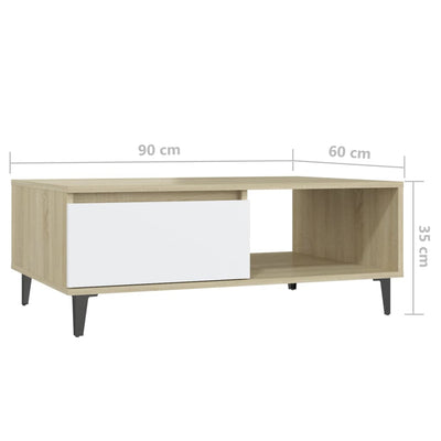 Coffee Table White and Sonoma Oak 90x60x35 cm Chipboard