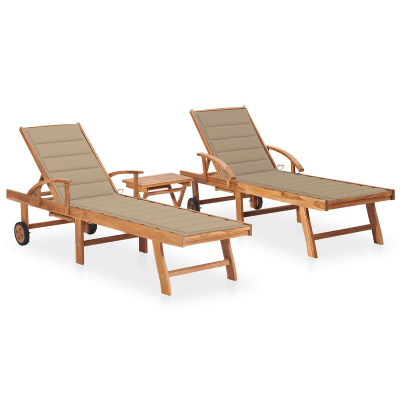 Sun Loungers 2 pcs with Table and Cushion Solid Teak Wood