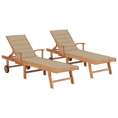 Sun Loungers 2 pcs with Beige Cushion Solid Teak Wood