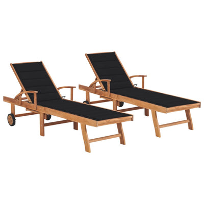Sun Loungers 2 pcs with Black Cushion Solid Teak Wood