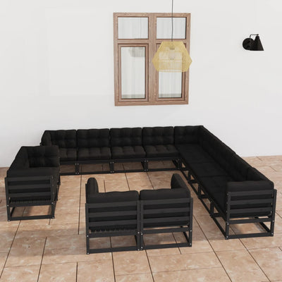 13 Piece Garden Lounge Set with Cushions Black Solid Pinewood