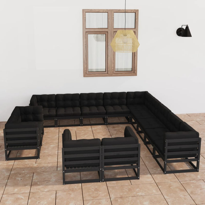 13 Piece Garden Lounge Set with Cushions Black Solid Pinewood