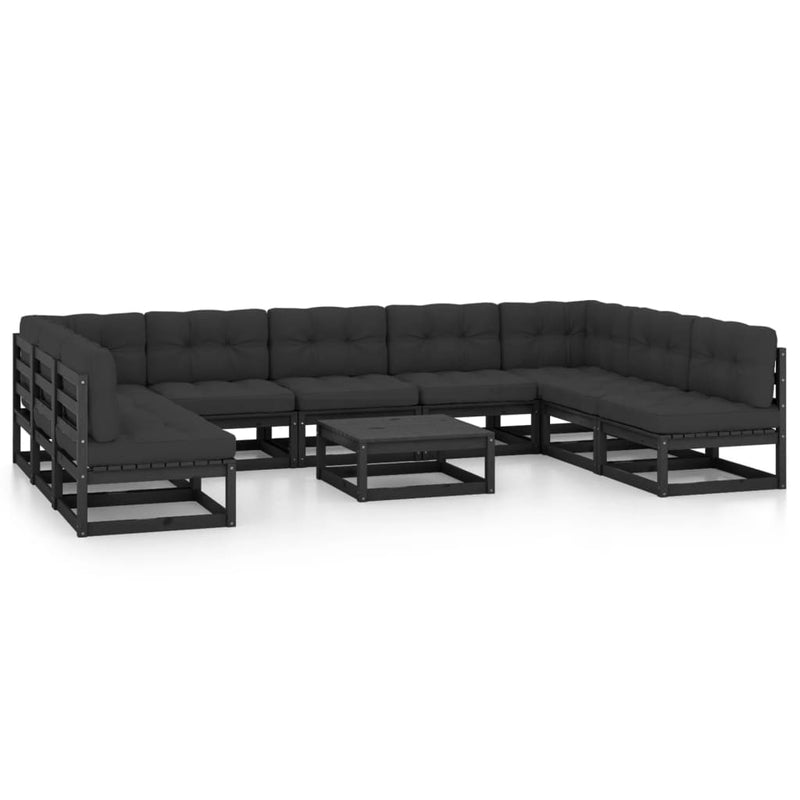 10 Piece Garden Lounge Set with Cushions Black Solid Pinewood