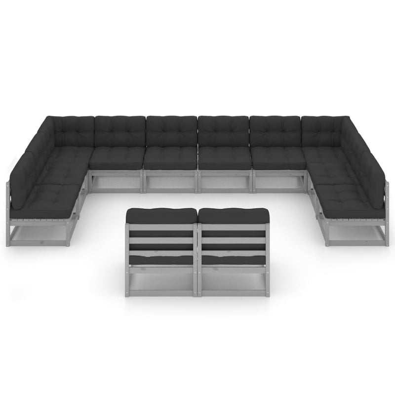12 Piece Garden Lounge Set with Cushions Grey Solid Pinewood