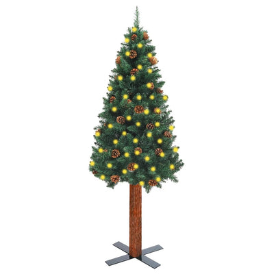 Slim Christmas Tree with LEDs&Real Wood&Cones Green 180 cm
