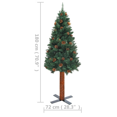 Slim Christmas Tree with LEDs&Real Wood&Cones Green 180 cm
