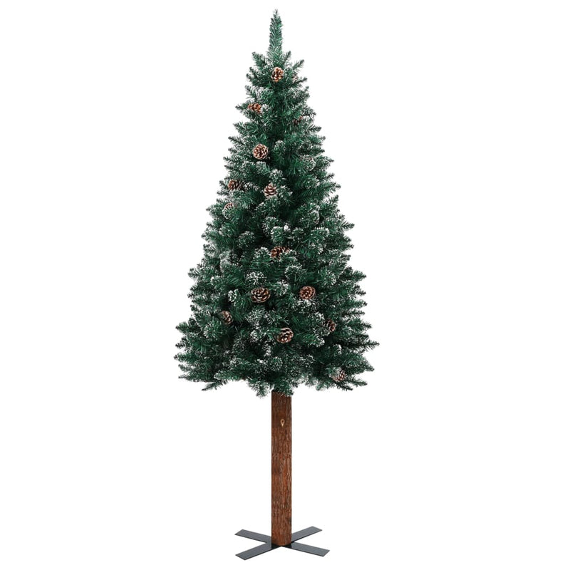 Slim Christmas Tree with LEDs&Real Wood&White Snow Green 180 cm