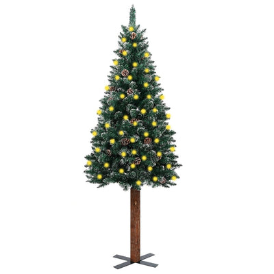 Slim Christmas Tree with LEDs&Real Wood&White Snow Green 210 cm