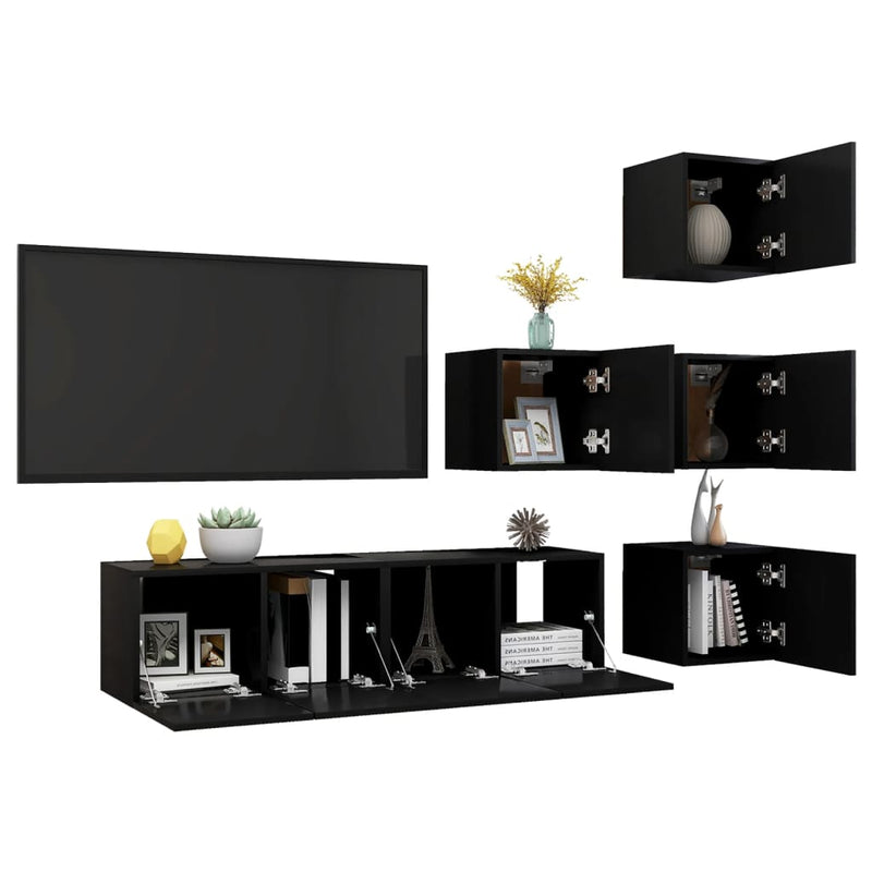 6 Piece TV Cabinet Set Black Engineered Wood
