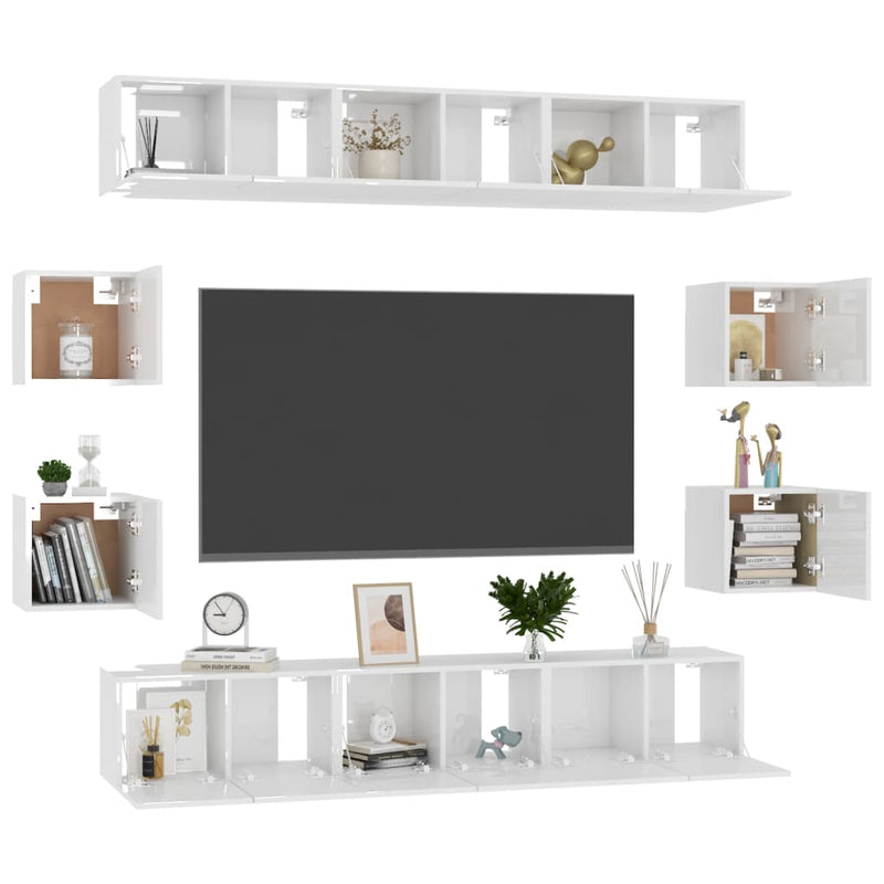 10 Piece TV Cabinet Set High Gloss White Engineered Wood