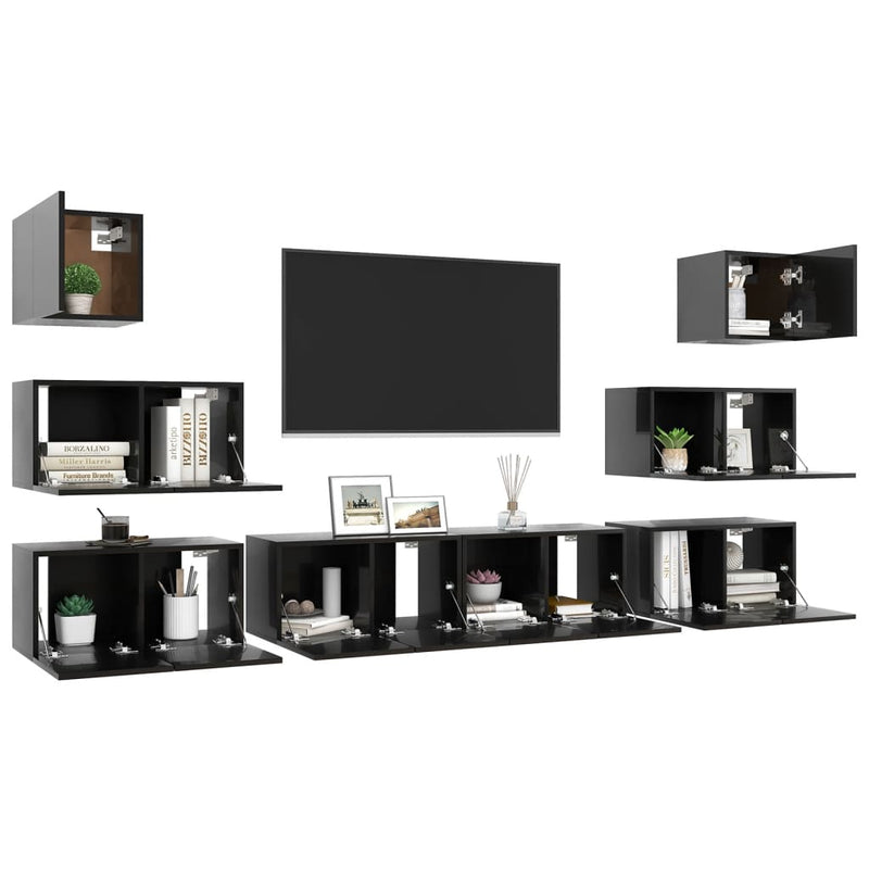 8 Piece TV Cabinet Set High Gloss Black Engineered Wood