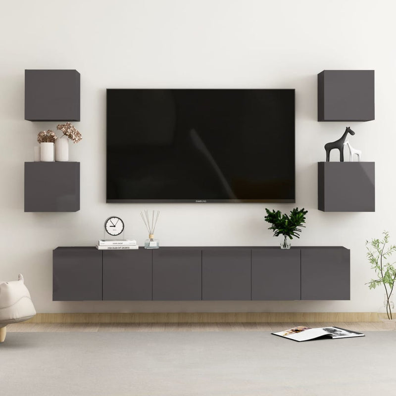 7 Piece TV Cabinet Set High Gloss Grey Engineered Wood