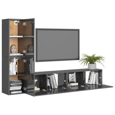 4 Piece TV Cabinet Set High Gloss Grey Engineered Wood
