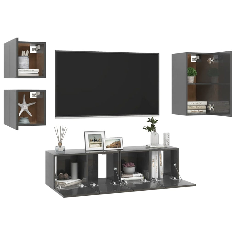 5 Piece TV Cabinet Set High Gloss Grey Engineered Wood