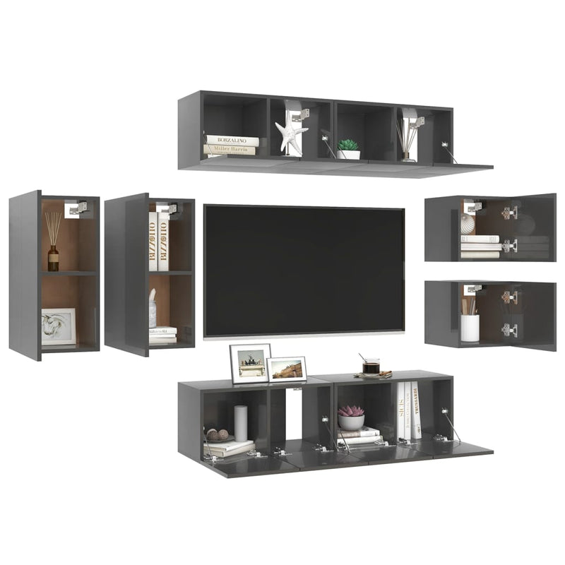 8 Piece TV Cabinet Set High Gloss Grey Engineered Wood