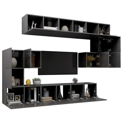 10 Piece TV Cabinet Set High Gloss Grey Engineered Wood