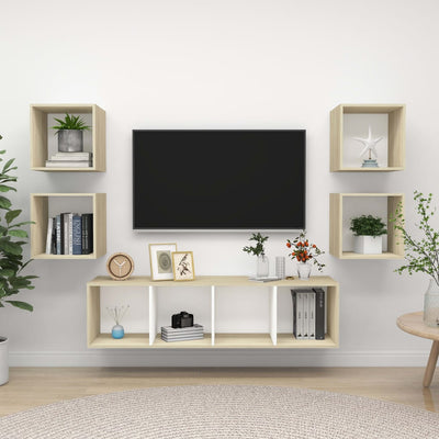 5 Piece TV Cabinet Set White and Sonoma Oak Engineered Wood