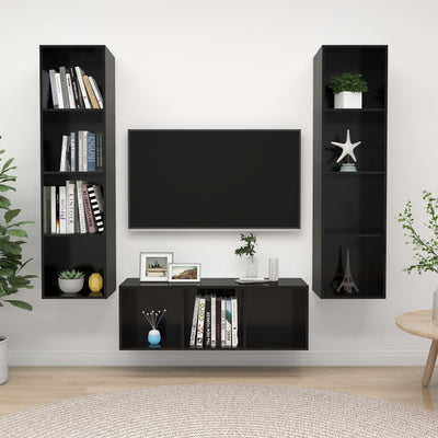 3 Piece TV Cabinet Set High Gloss Black Engineered Wood