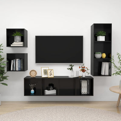 4 Piece TV Cabinet Set High Gloss Black Engineered Wood