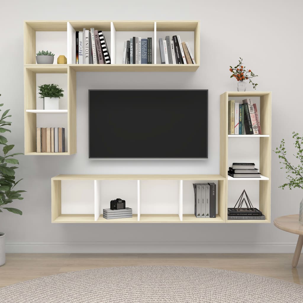 4 Piece TV Cabinet Set White and Sonoma Oak Engineered Wood ??805476+805485+2x805494 vidaXL