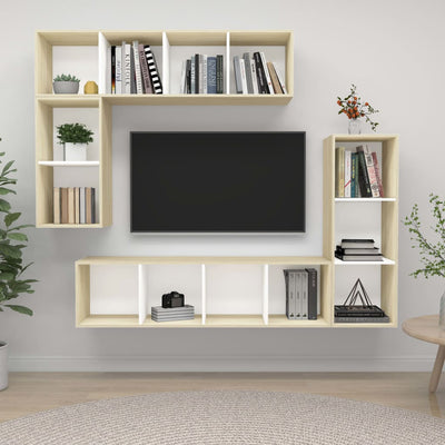 4 Piece TV Cabinet Set White and Sonoma Oak Engineered Wood ??805476+805485+2x805494)