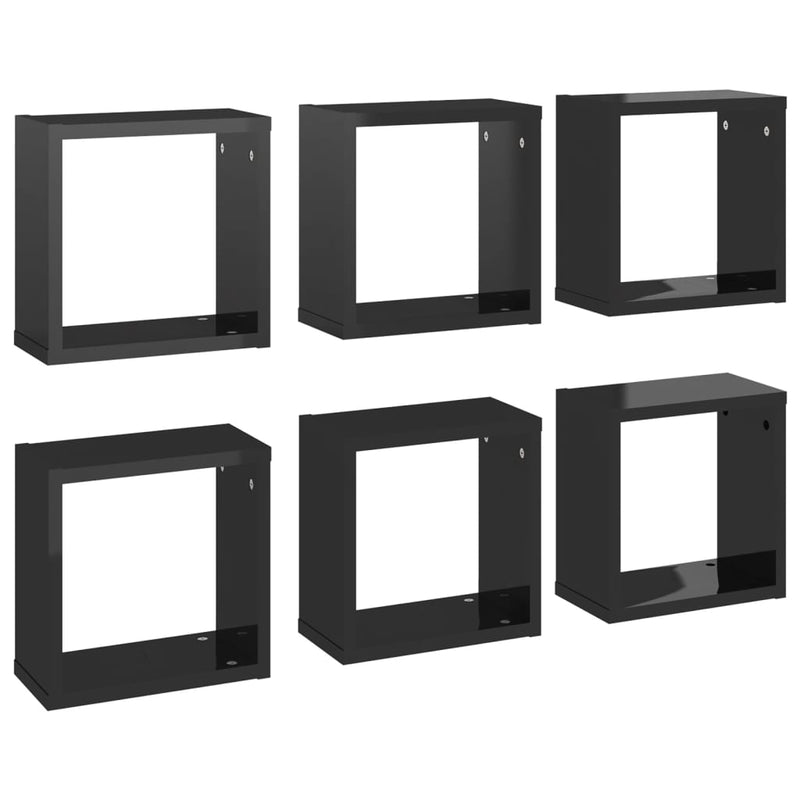 Wall Cube Shelves 6 pcs High Gloss Black 30x15x30 cm